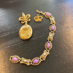 3 vintage costume jewelry. bracelet and 2 pins.   One pin to hold to photos